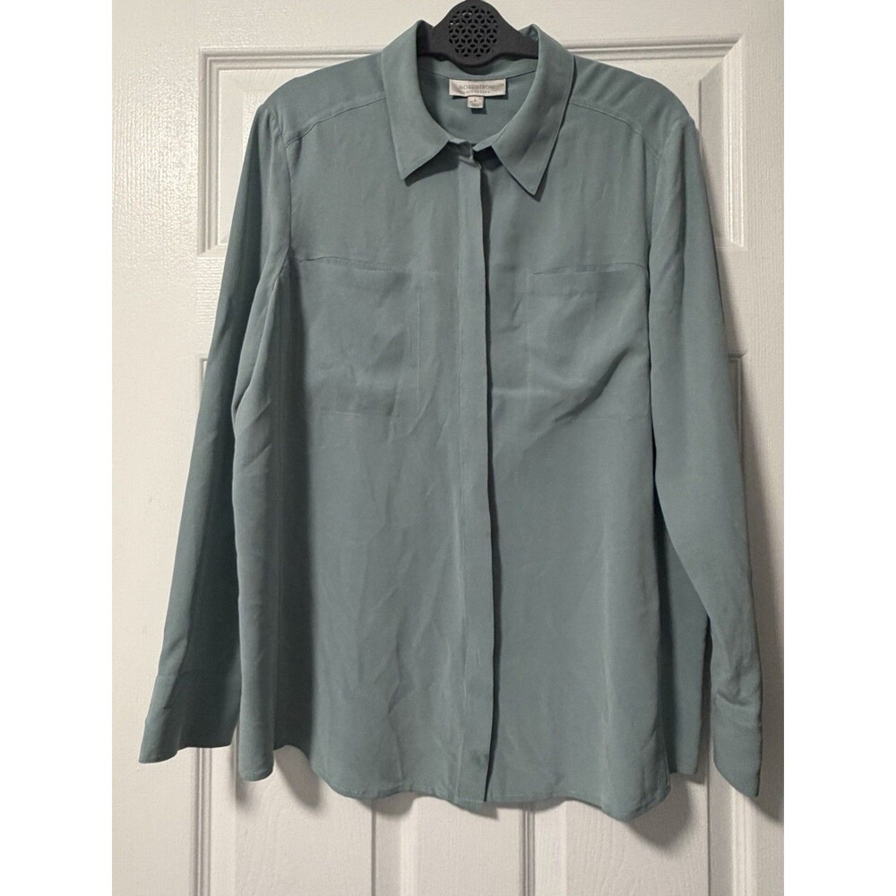Nordstrom Collection 100% Silk Blouse Women’s L Sage Teal Button Front Shirt
